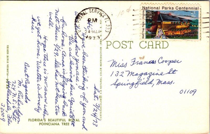 Florida Royal Poinciana Tree Postcard PM Cancel WOB Note Curteich Vintage VTG 