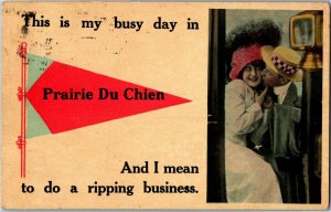 Pennant, Kissing Couple My Busy Day In Prairie du Chien WI c1915 Postcard F08