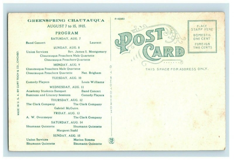 Aug 1915 Greenspring Chautauqua Program Preachers Quartette Postcard P16 