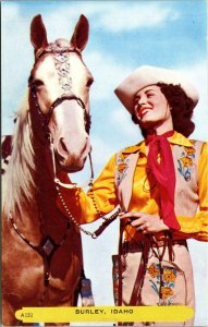 Cowgirl with Palomino Horse in Burley Idaho Postcard