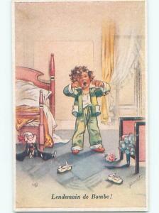Unused Pre-Linen foreign JESTER DOLL ON FLOOR BESIDE YAWNING FRENCH BOY J2817