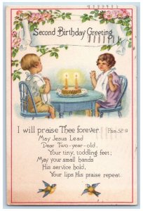 1943 Second Birthday Greeting Children Cake Candle Light Flowers Posted Postcard