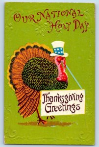 Thanksgiving Postcard Greetings Turkey Uncle Sam Hat Embossed c1910's Antique