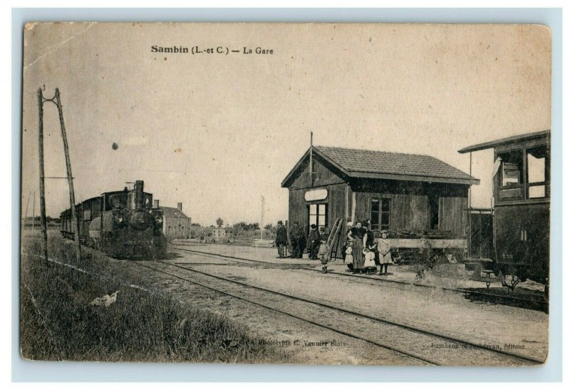 Circa 1910 Railroad Train Station Depot in Sambin, France Early Postcard P13 