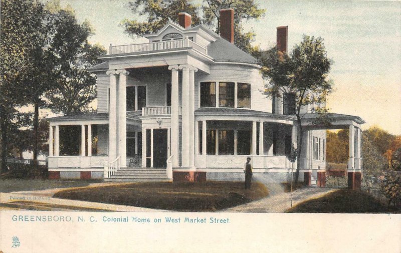 COLONIAL HOME ON  WEST MARKET STREET GREENSBORO NORTH CAROLINA POSTCARD 1908