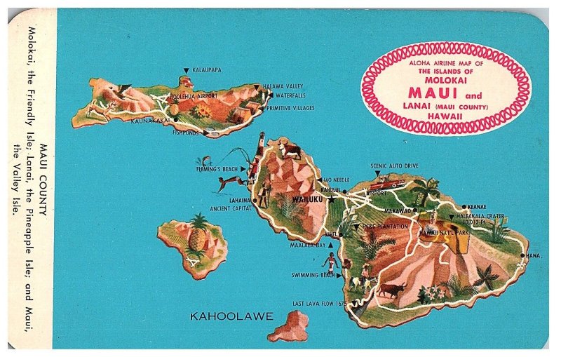 Aloha Airlines Map of Maui Molokai Maui County Airline Issued Postcard