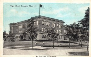 High School Building Campus Land Of Hiawatha Escanaba Michigan Vintage Postcard