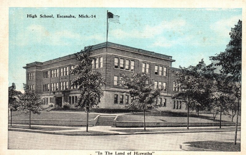 High School Building Campus Land Of Hiawatha Escanaba Michigan Vintage Postcard