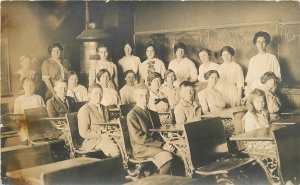 Postcard RPPC C-1910 School Classroom Interior Students Ornate desk 23-7972