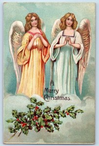 Christmas Angels Winter Scene Holly Berries Embossed Dunkirk Ohio OH Postcard