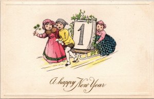 A Happy New Year Postcard Three Children With Giant Calendar on Sled in the Snow