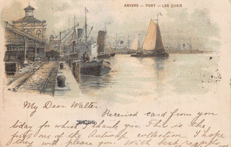 ANTWERPEN ANVERS PORT -LES QUAIS-FLANDRE~1900 ARTIST SIGNED POSTCARD