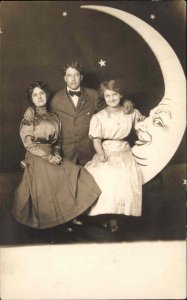 Papermoon Studio Image Man & Pretty Girls Paper Moon Prop c1910 Real Photo RPPC