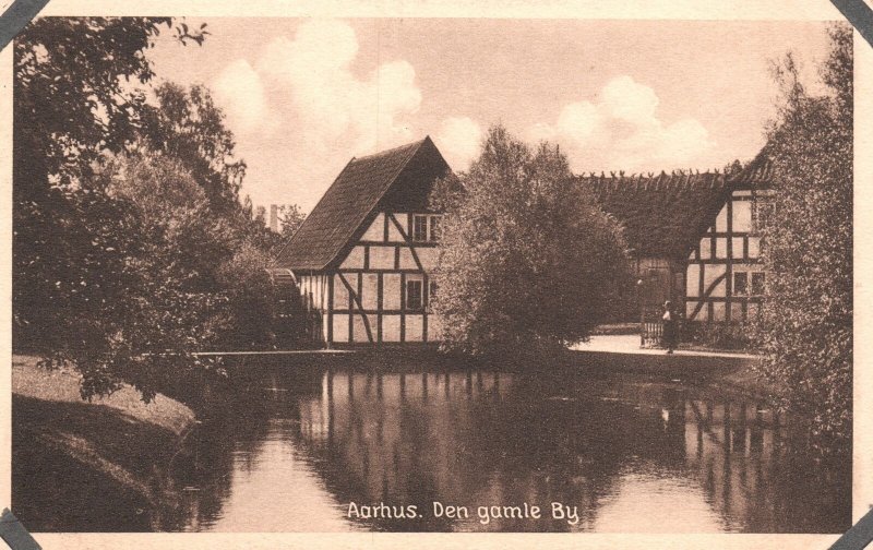 Vintage Postcard Den Gamle Old Town Lake Trees  Museum Aarhus Denmark 