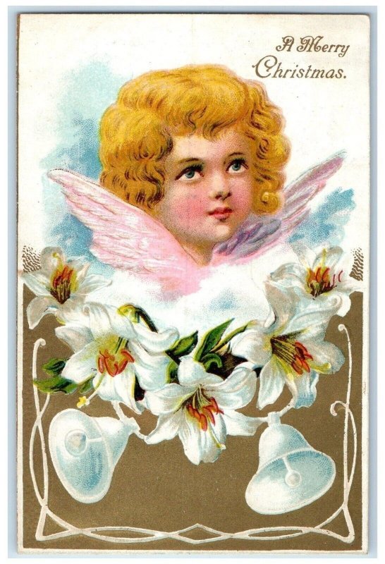 1906 Christmas Angel Flowers Ringing Bells Embossed Eau Claire WI Postcard