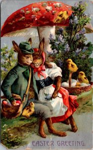 Easter Greetings, Dressed Rabbits, Mushroom, Chicks c1913 Vintage Postcard Y48