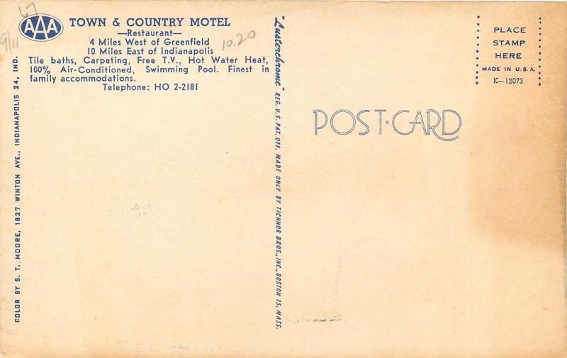 Greenfield Indiana~Town & Country Motel~Pool~Restaurant~1950's Postcard 