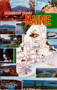 Greetings from Maine ME Map Multiview 1960s Postcard G86