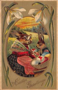 Easter Greetings Dressed Rabbits Painting Eggs Vintage Postcard AA71462