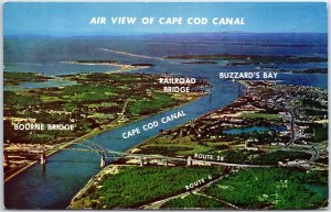 VINTAGE POSTCARD AIR VIEW OF THE CAPE COD CANAL AND BUZZARDS BAY BOURNE BRIDGE