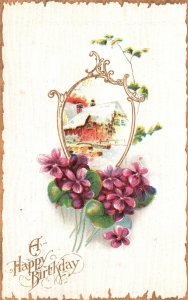 Vintage Postcard 1910's A Happy Birthday Violets Landscape Card House Yard