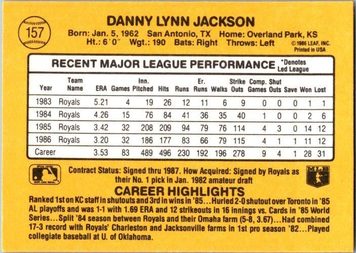 1986 Donruss Baseball Card Danny Jackson Kansas City Royals sk12327
