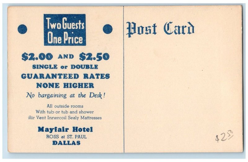 c1950's Mayfair Hotel & Restaurant Building Dallas Texas TX Advertising Postcard