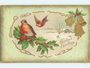 Pre-Linen christmas BEAUTIFUL BIRDS WITH HOLLY AND BELLS AND WINTER SCENE hr2768