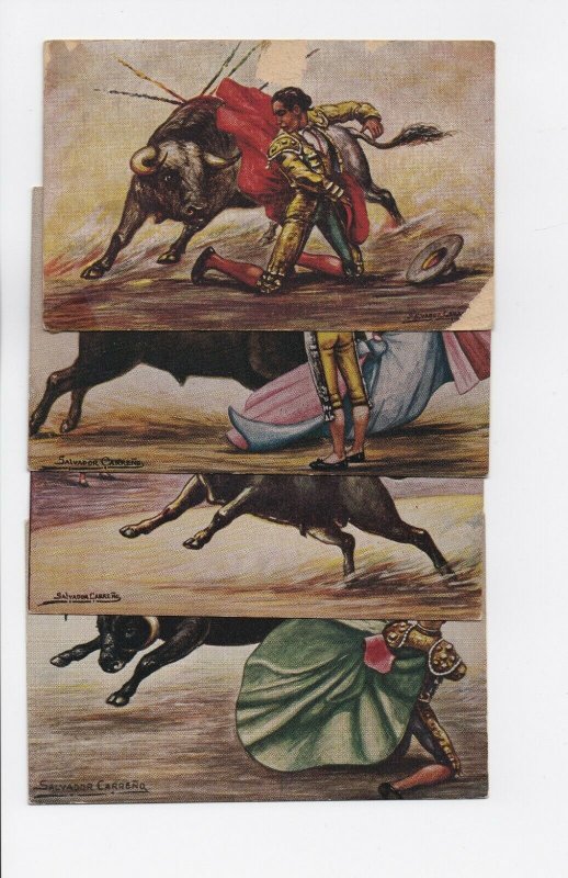 1940s Set of 4 Salvador Carreno Bull Fight Postcards - Mexico Bullfighting