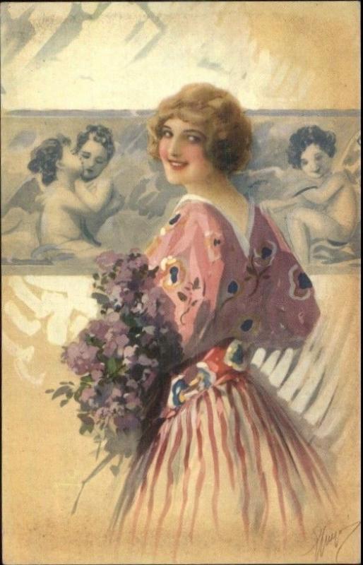 Art Deco - Beautiful Woman w/ Flowers - Beautiful Art c1915 Postcard #1 myn