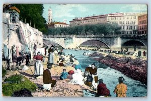 Nice France Postcard View of Bridge Washing Clothes in River 1911 Antique