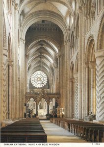 UK Postcard England Durham Cathedral Nave and Rose window