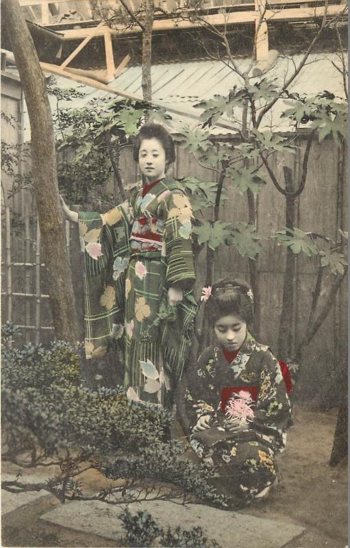 Hand Tinted Postcard 2 Young Japanese Women Gardening Beautiful Kimonos Geisha