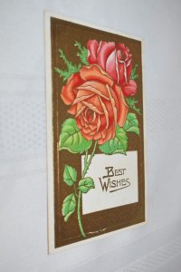 Best Wishes Pink Roses Greetings Postcard Made in Germany