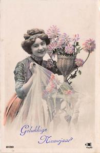 Gelukkige Nieuwigaar Lady with flowers Child, People Photo Postal Used Unknown 