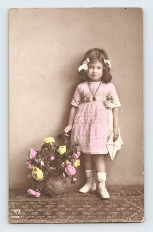 Cute Little Girl with Bows Pink Dress Letter Flowers Hand Painted European RPPC 