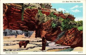 Vtg Denver Colorado CO Bear Pits City Park Zoo 1930s Old Linen View Postcard