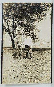 Rppc Adorable Little Boy and His Donkey c1910 Real Photo Postcard O4