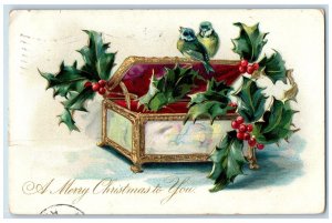 1906 Christmas Song Birds Holly Berries Box Embossed Boston MA Tuck's Postcard 