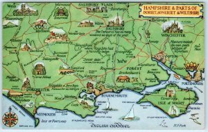 HAMPSHIRE, England UK & Dorset, Somerset...   PICTORIAL MAP Vintage Postcard