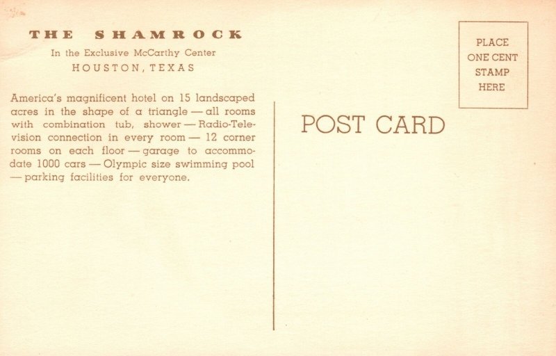 Vintage Postcard The Shamrock In The Exclusive McCarthy Center Houston Texas TX