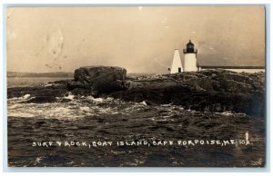 1929 Surf Rock Goat Island Lighthouse Cape Porpoise Maine ME RPPC Photo Postcard