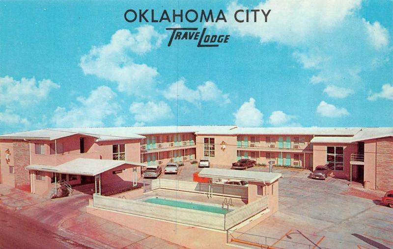 OK, Oklahoma City   DOWNTOWN TRAVELODGE  Pool~50's Cars  ROADSIDE  Postcard