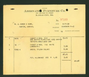 Abernathy Furniture Co. Kansas City Mo. Vintage 2-11-32 Invoice