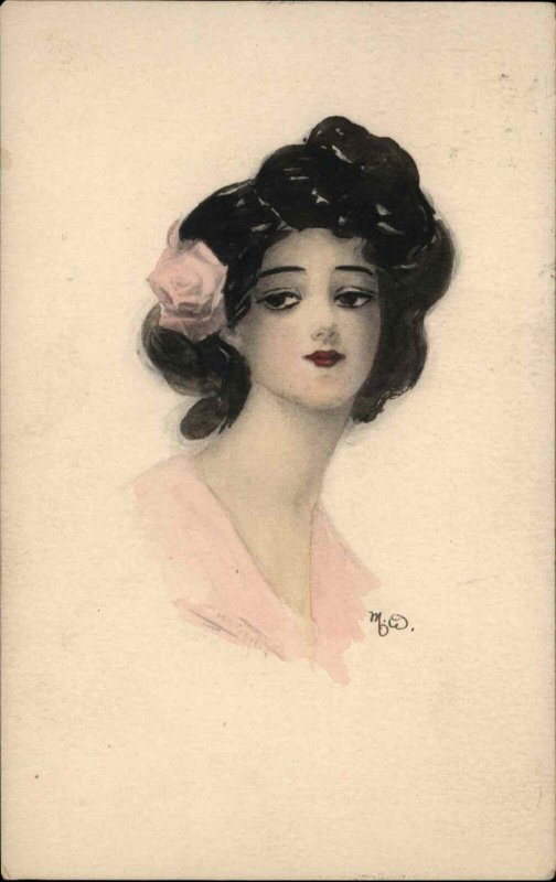 A/S M.W. Beautiful Woman Dark Hair Rose in Hair c1910 Vintage Postcard