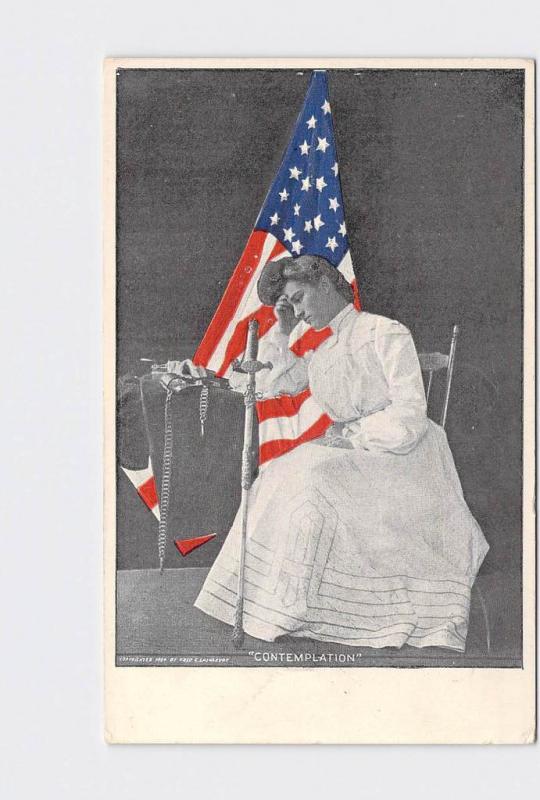 ANTIQUE POSTCARD CIVIL WAR CONTEMPLATION LOSS OF SOLDIER SWORD FLAG UNIFORM GRIE