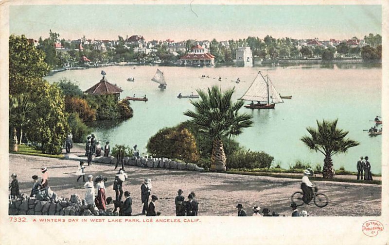 c1910 Winters Day West Lake Park Los Angeles CA Sailboat Scene Boats  p17 