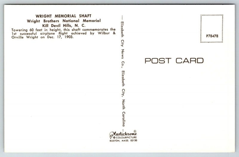 VIntage Airline Airplane Postcard - Wright Brothers Memorial