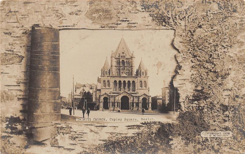 Boston Massachusetts~Trinity Church @ Copley Square~People  in Street~1906 RPPC