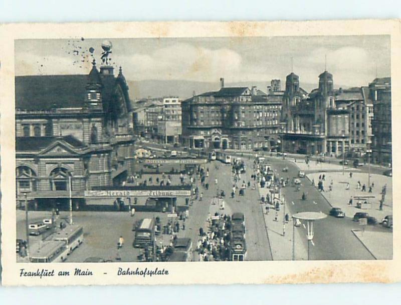 old rppc HERALD TRIBUNE SIGN AT BUS STATION Frankfurt Germany HM1604